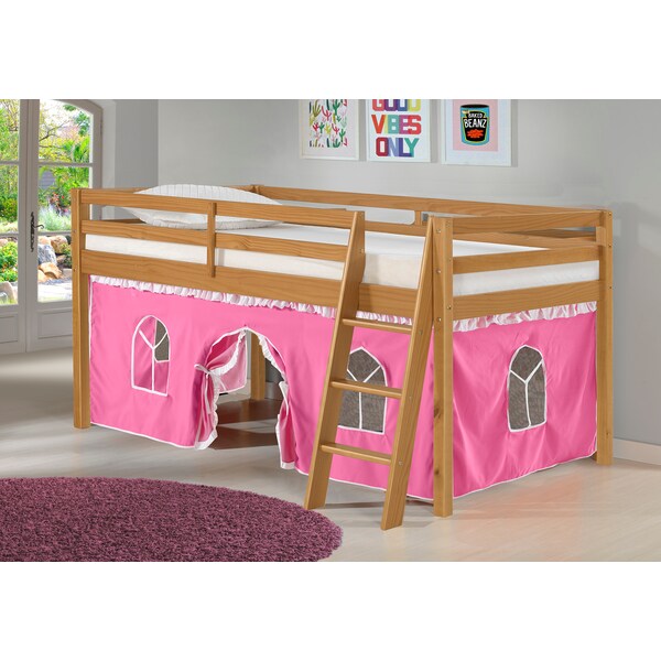 Roxy Twin Wood Junior Loft Bed With Cinnamon With Pink And White Bottom Tent